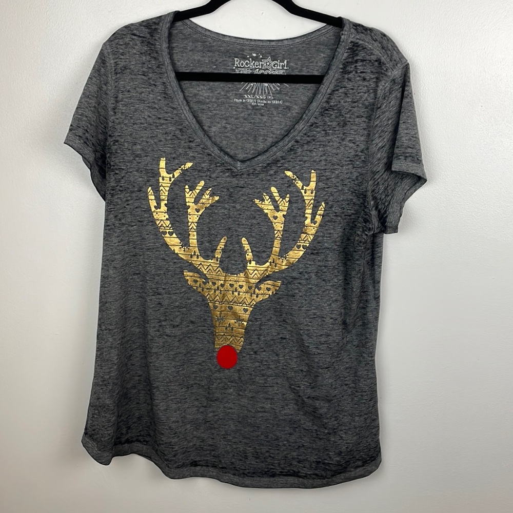 Women’s Rocker Girl Sheer Black Tee Reindeer Size XXL